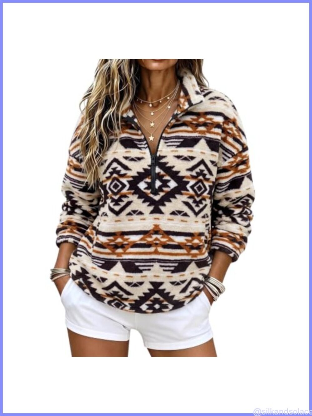 Aztec Print Half Zip Pullover Fleece Warm Sweatshirt Western Boho Top